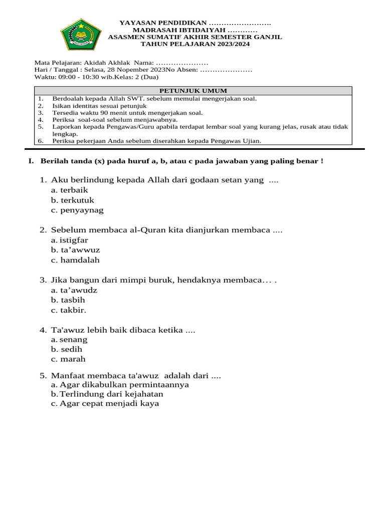 Ujian Akidah Akhlak Kelas 2 Ganjil 2023 PDF