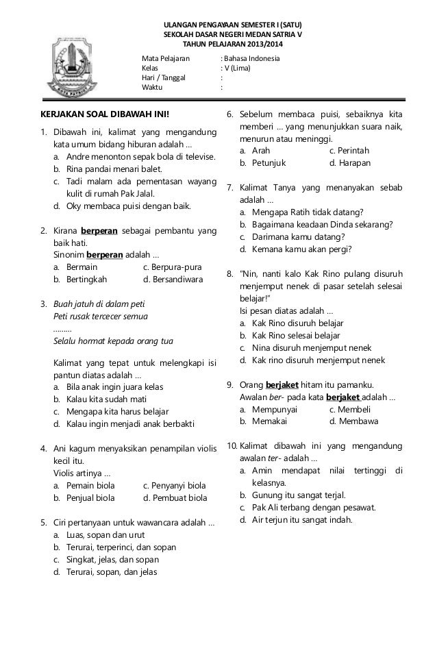 Akhirnya Terungkap 3 Pola Soal UAS Bahasa Indonesia Kelas 5 Semester 1 Kurikulum 2013
