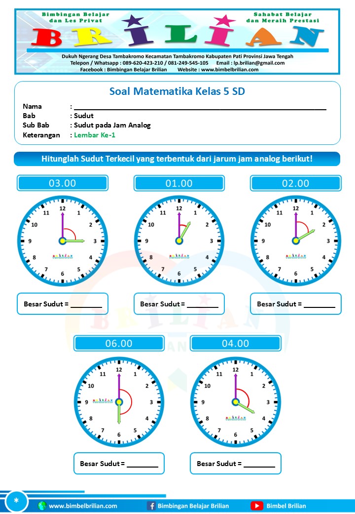 Soal Matematika Bab Sudut pada Jam Analog Kelas 5 SD dan Kunci Jawaban Soal Matematika Bab Sudut pada Jam Analog Kelas 5 SD dan Kunci Jawaban