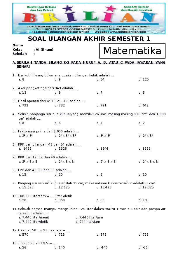 Soal Mtk Kelas 2 Semester 1