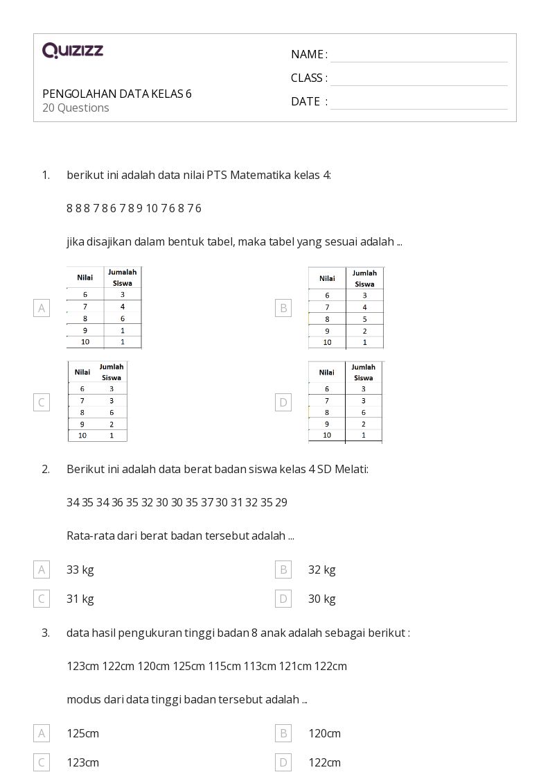 50 lembar kerja Rata-Rata Median dan Modus untuk Kelas 6 di Quizizz