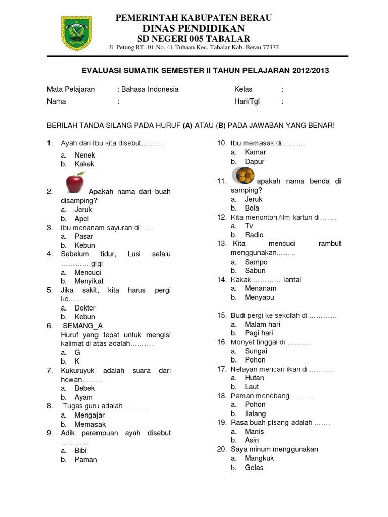 Jawaban Soal Bahasa Indonesia Kelas 1 Semester 2 Pilihan Ganda dan