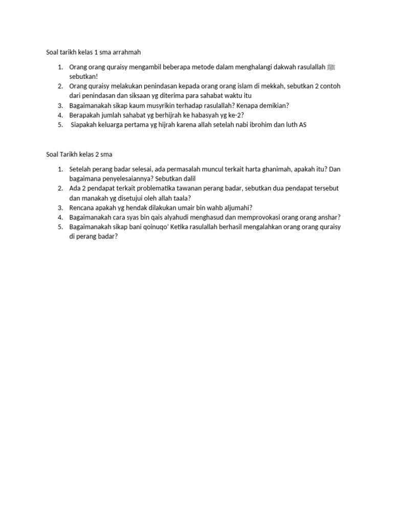 Soal Tarikh Kelas 1 dan 2 SMA Arrahmah PDF
