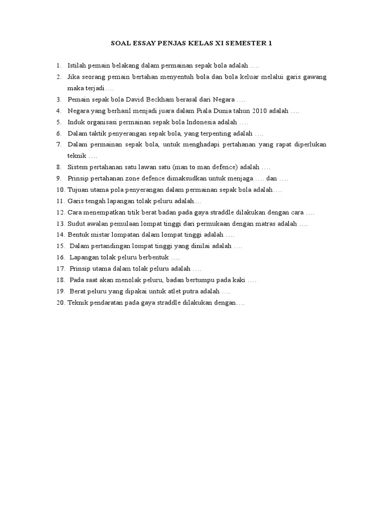 Soal Essay Pjok Kelas Xii Semester 1 Soal Essay Pjok Kelas Xii Semester 1