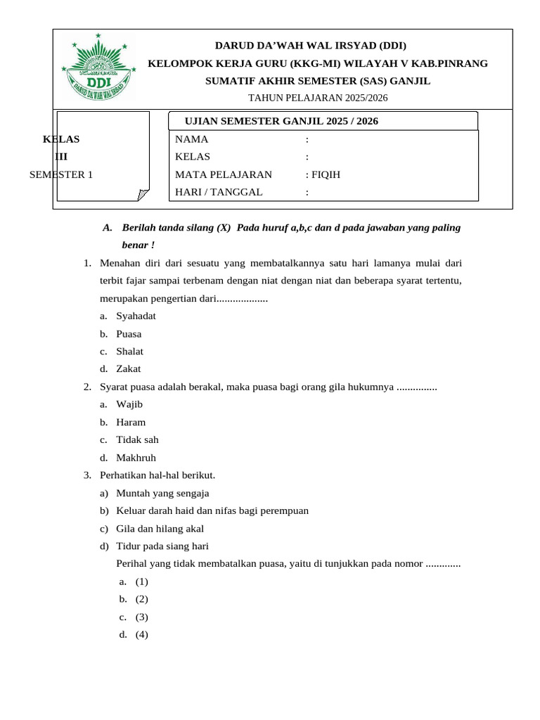 Akhirnya Terkuak 5 Contoh Soal Fiqih Kelas 3 MI Semester 1 Kurikulum 2013 yang Wajib Dikuasai