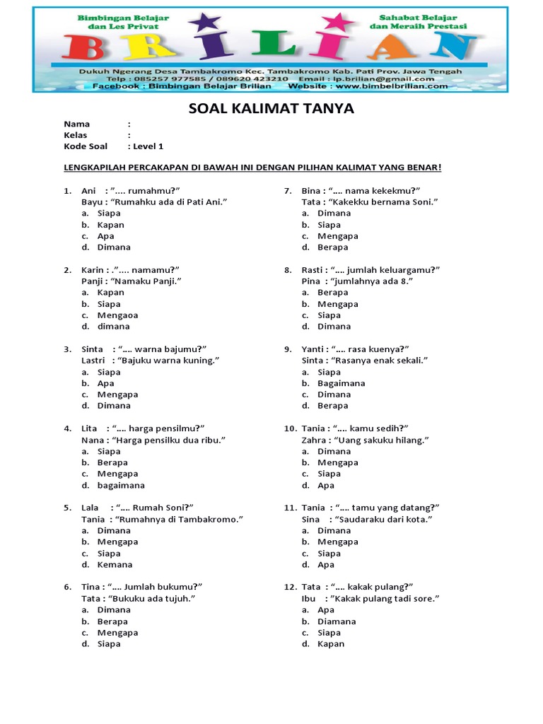 20 Contoh Soal Bahasa Indonesia Kelas 1 SD Kata Tanya dan Kunci Jawaban yang Wajib Dikuasai Si Kecil