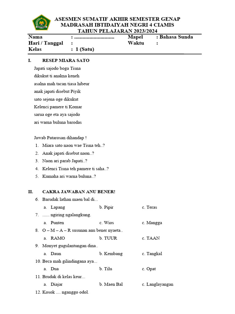 Contoh Soal Tema 4 Basa Sunda Kelas 1 SD yang Sering Muncul di Ujian, Wajib Tahu Sebelum Terlambat