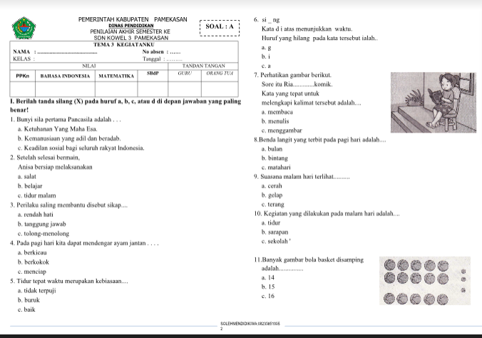 Soal UAS PAS Tema 3 Kelas 1 SD Kurikulum 2013