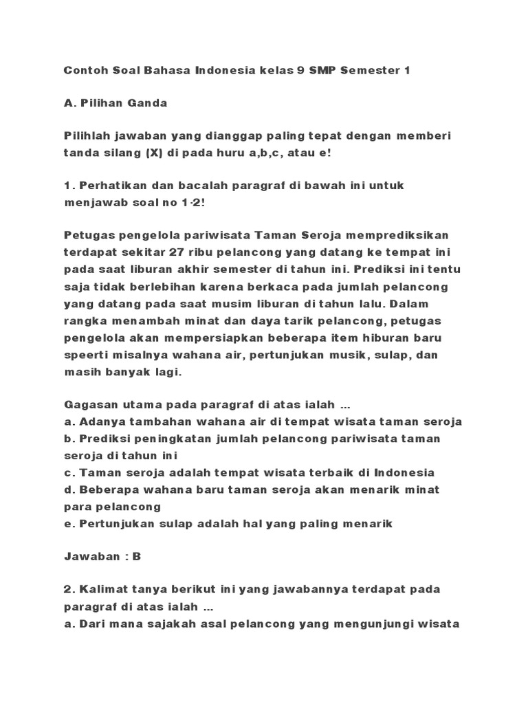 Soal Bahasa Indonesia Kelas 9 Semester 1 PDF Seni Disiplin Bahasa