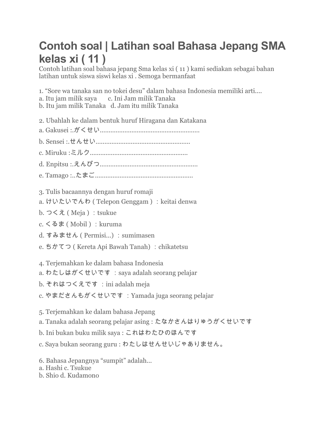 5 Contoh Soal Latihan Bahasa Jepang Kelas 10 Semester 1 Akhirnya Wajib Dikuasai Sekarang