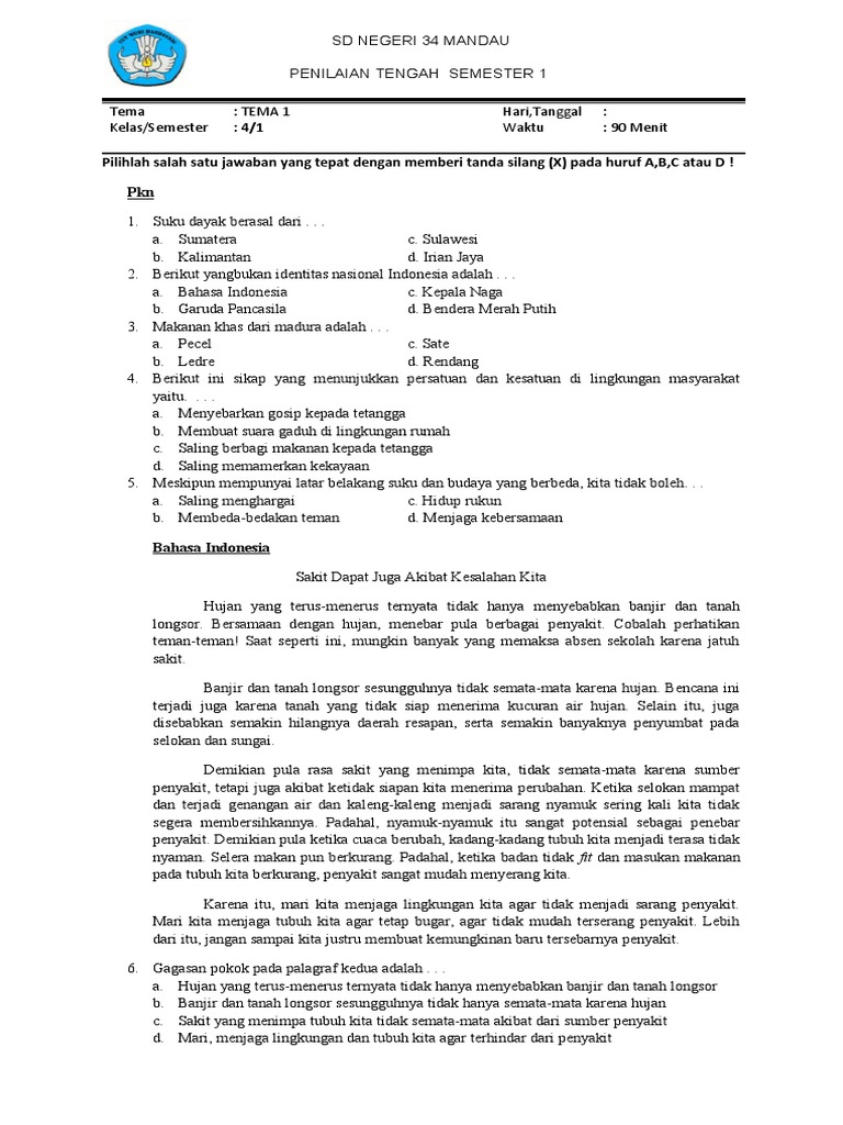 Rahasia Skor Tinggi Kerjakan Soal PTS Kelas 4 Semester 1 Tema 1 Agar Nilai Maksimal