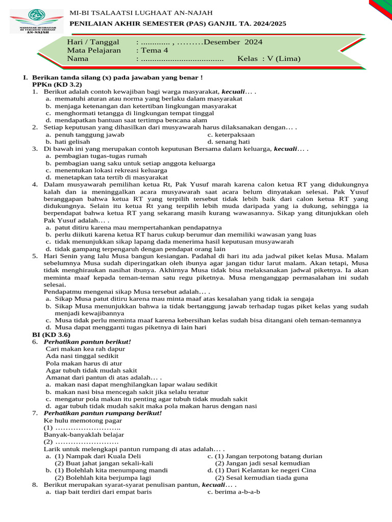 Rahasia Skor Tinggi Lewat Kumpulan Soal PAS Kelas 5 Tema 4 Semester 1 Kurikulum 2013