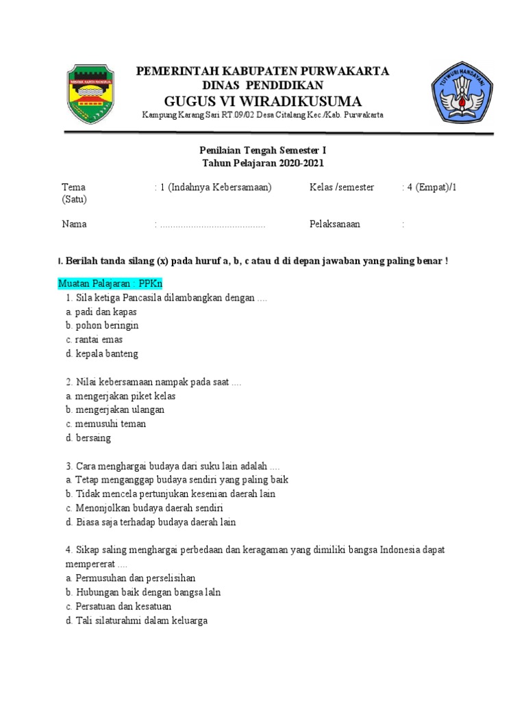 Wajib Tahu Bocoran soal pts kelas 4 semester 1 k13 Agar Nilai Siswa Melejit Tinggi