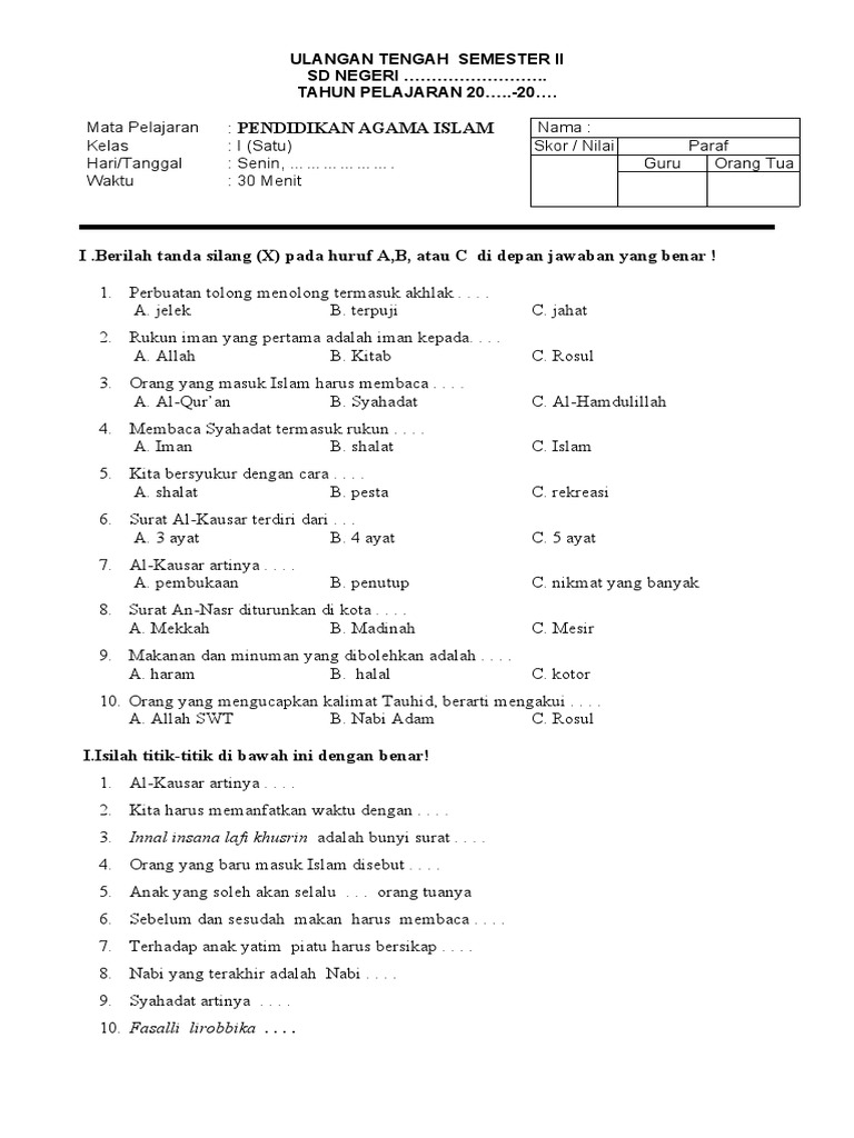 Wajib Tahu! Kumpulan Soal UTS Kelas 1 SD Semester 2 Kurikulum 2013 Terbaru dan Lengkap
