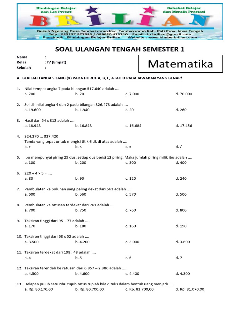 Wajib Tahu! Kumpulan Soal UTS Kelas 4 Semester 1 Ini Terbukti Bikin Nilai Melonjak